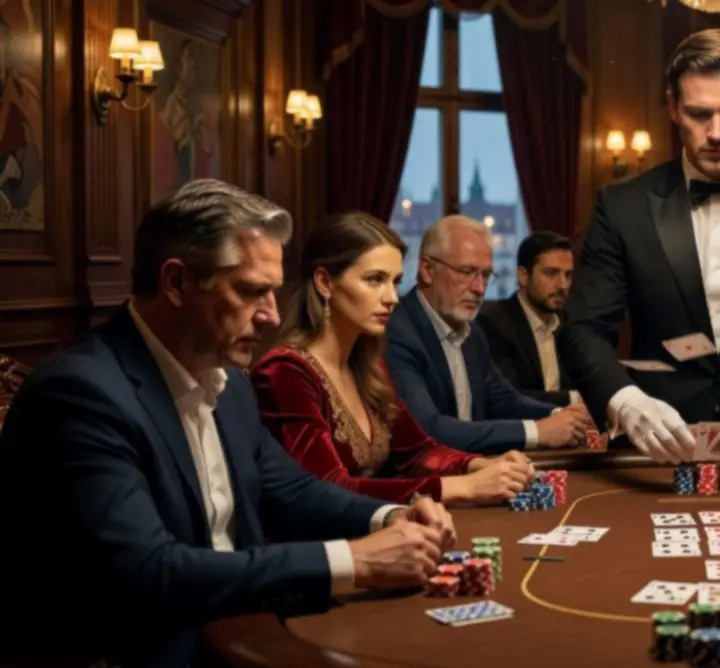 Profesionální dealer během rozdávání karet u pokerového stolu
