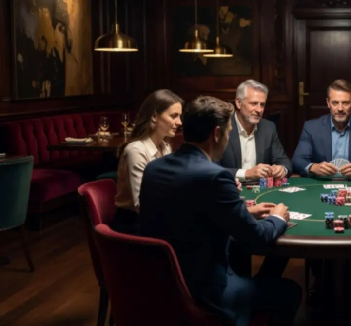 Večerní pokerový večer v elegantním prostředí restaurace s atmosférickým osvětlením