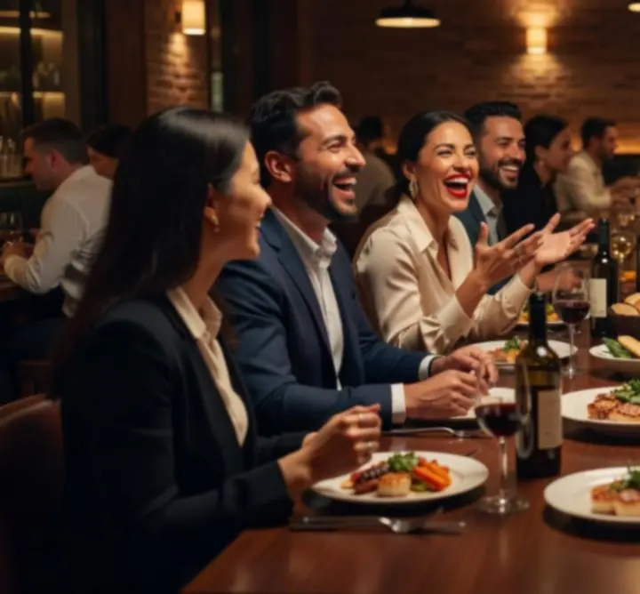 Skupina hostů u elegantně prostřeného stolu v restauraci VECERNI SCENA