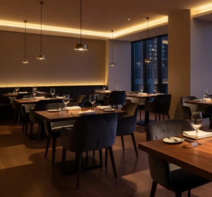 Stylový interiér moderní restaurace VECERNI SCENA s elegantním osvětlením a pohodlným sezením